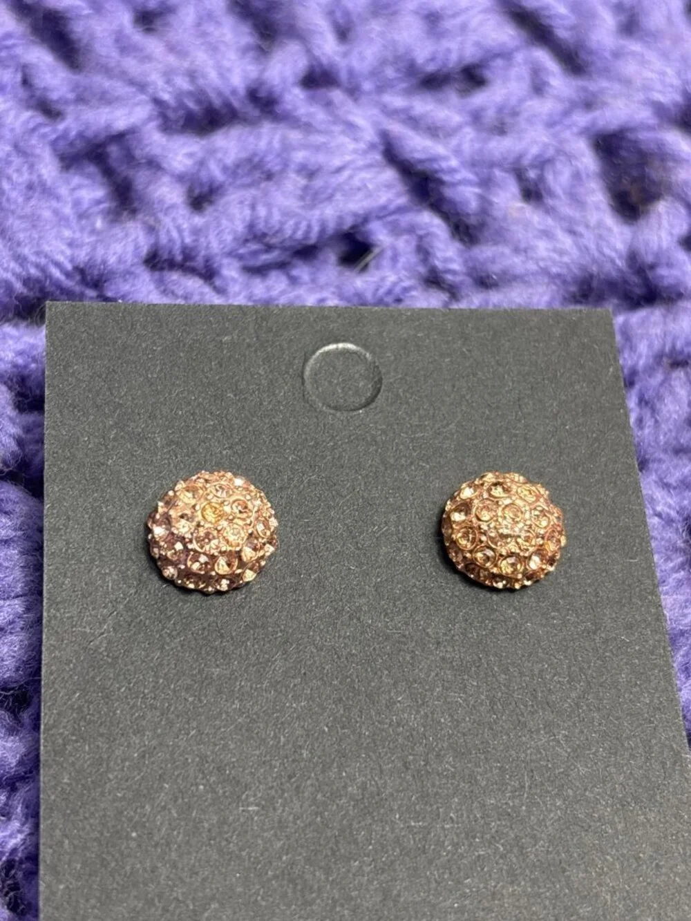 Rose Goldtone Champagne Rhinestone Pave Stud Earrings 3/8 inch